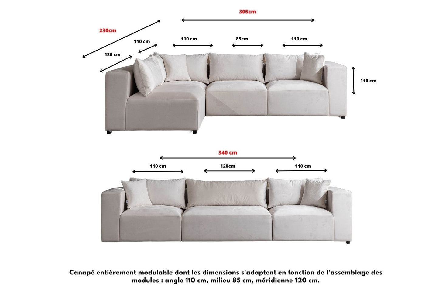 Canapé AZRA modulable velours blanc cassé
