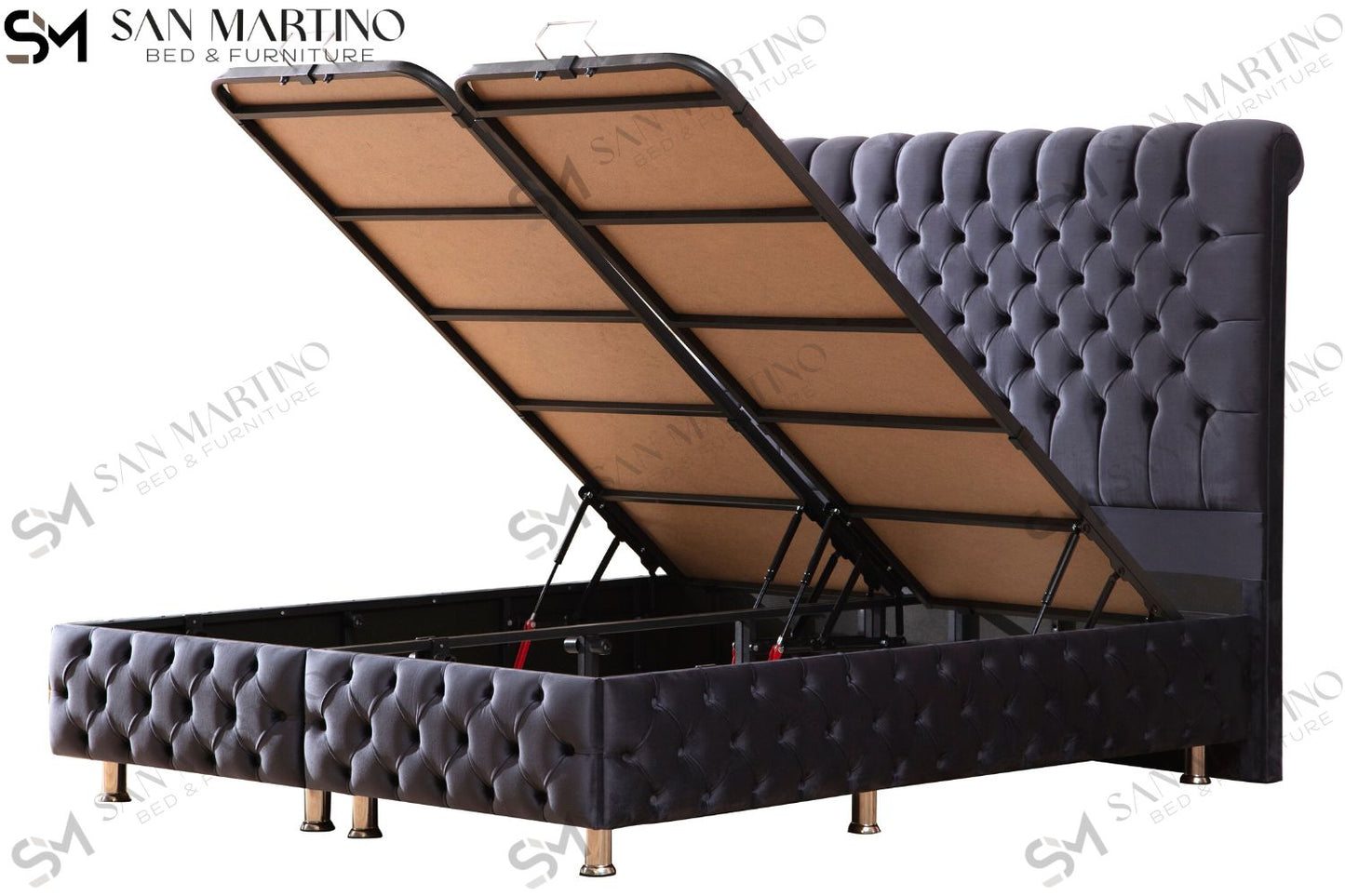 Lit double coffre 2 places en velours avec tête de lit – LUNA ANTHRACITE