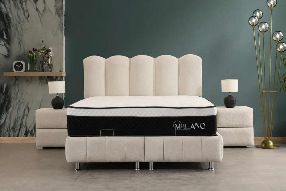 Lit double coffre 2 places en chenille avec tête de lit – EVA Blanc cassé