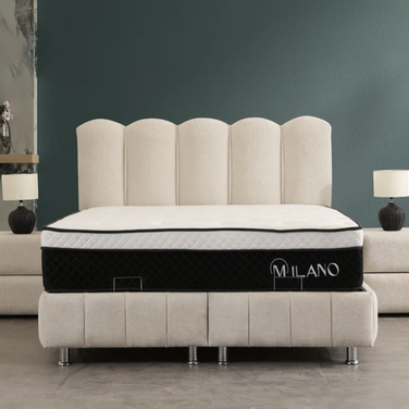 Lit double coffre 2 places en chenille avec tête de lit – EVA Blanc cassé