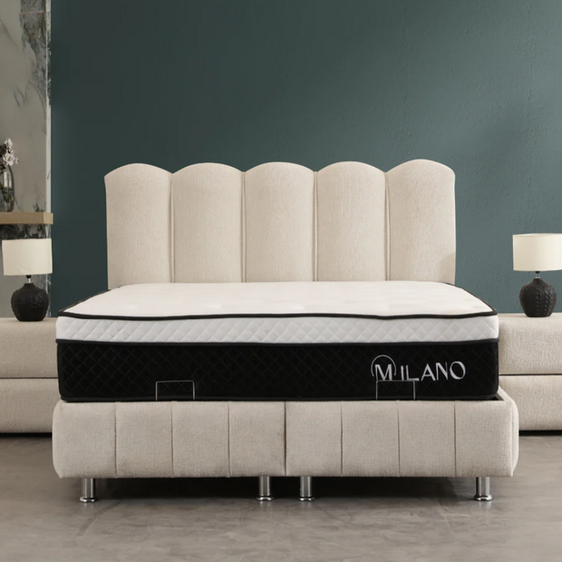 Lit double coffre 2 places en chenille avec tête de lit – EVA Blanc cassé