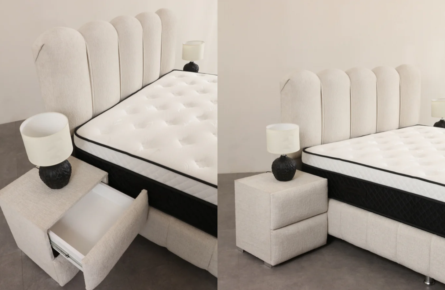 Lit double coffre 2 places en chenille avec tête de lit – EVA Blanc cassé