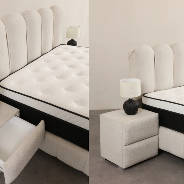 Lit double coffre 2 places en chenille avec tête de lit – EVA Blanc cassé