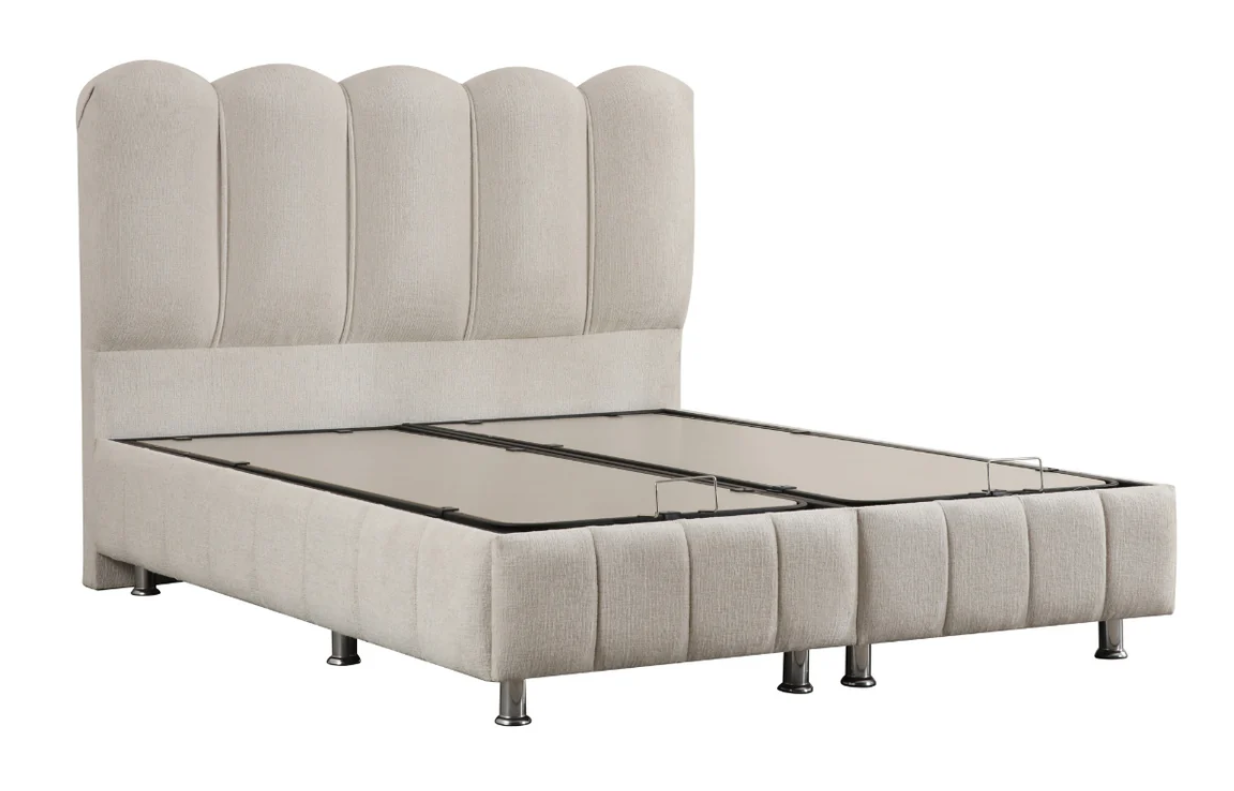 Lit double coffre 2 places en chenille avec tête de lit – EVA Blanc cassé