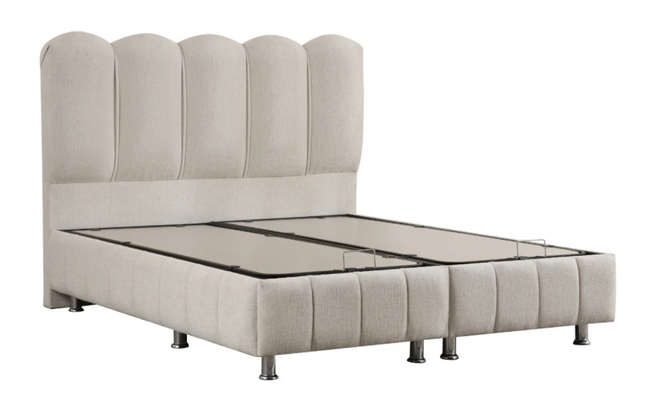 Lit double coffre 2 places en chenille avec tête de lit – EVA Blanc cassé