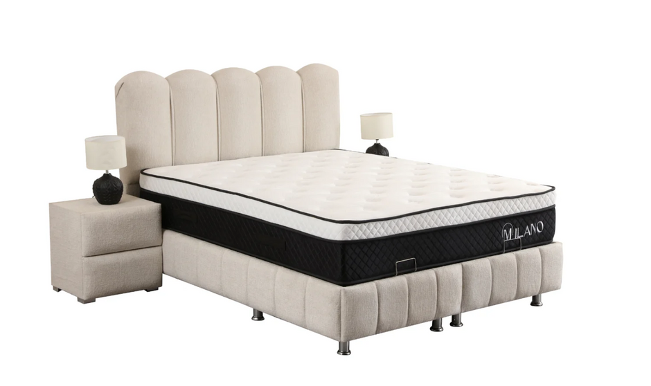 Lit double coffre 2 places en chenille avec tête de lit – EVA Blanc cassé