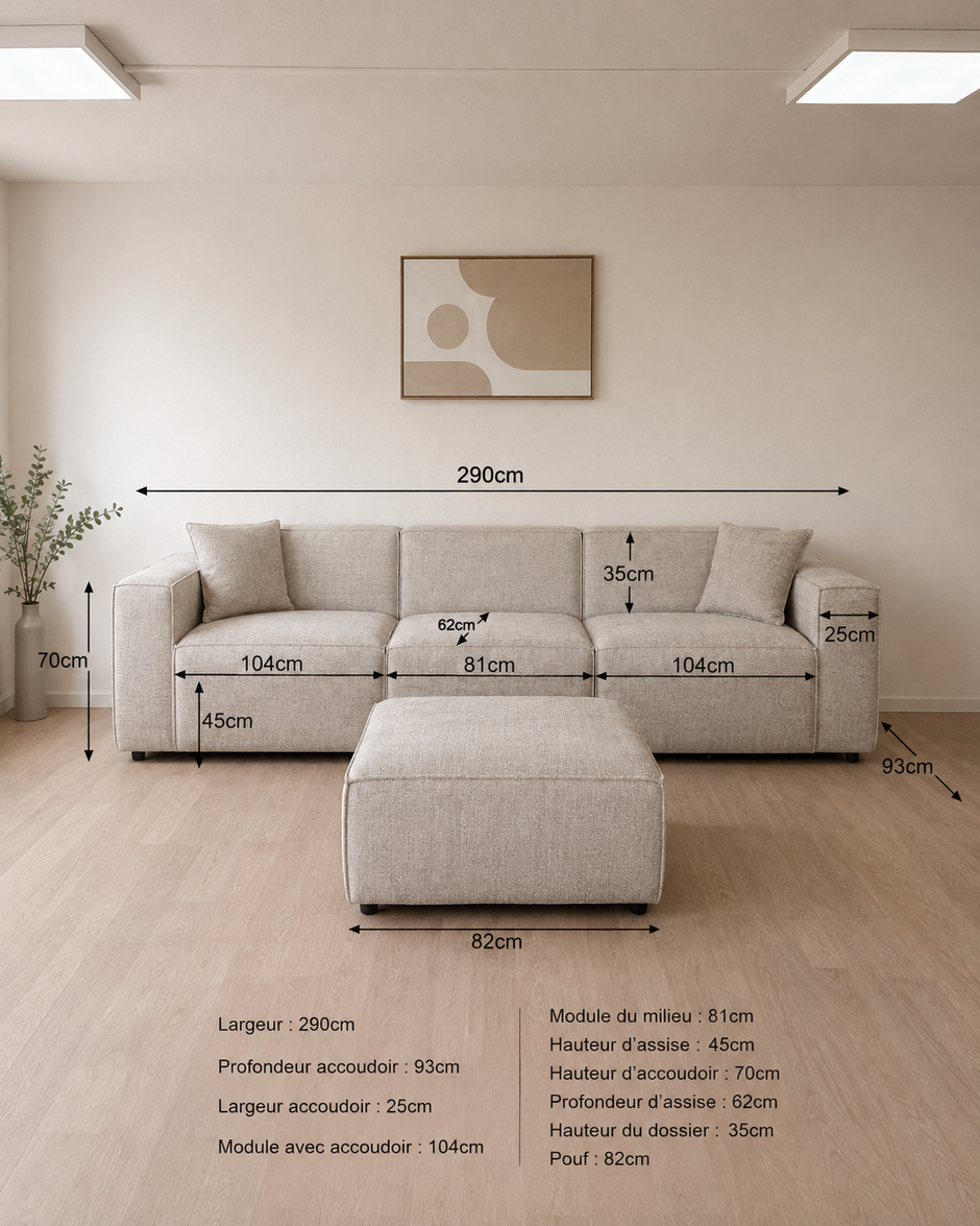 Canapé EMMA – Modulable en tissu Marbella beige DISPONIBLE LE 15/09