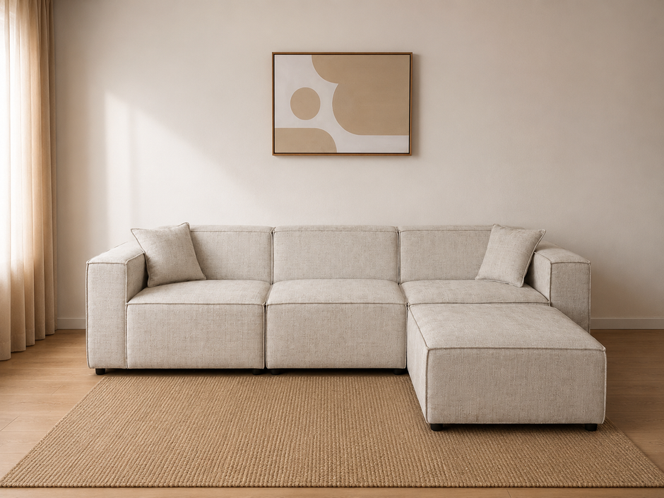 Canapé EMMA – Modulable en tissu Marbella beige DISPONIBLE LE 15/09