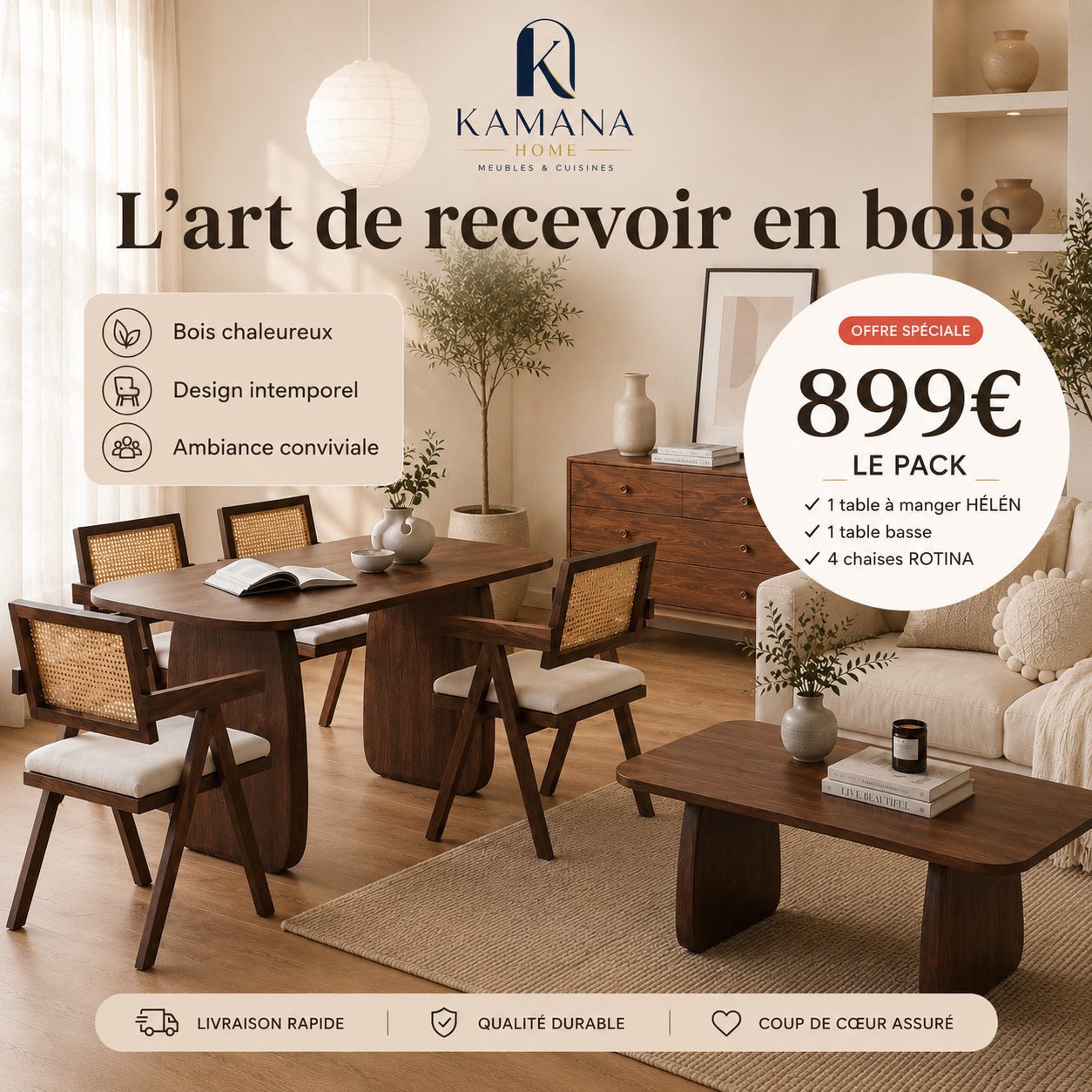 Pack Salle à Manger HÉLÉN – Table à manger 180 × 90 cm + Table basse 120 cm + 4 chaises en rotin noyer