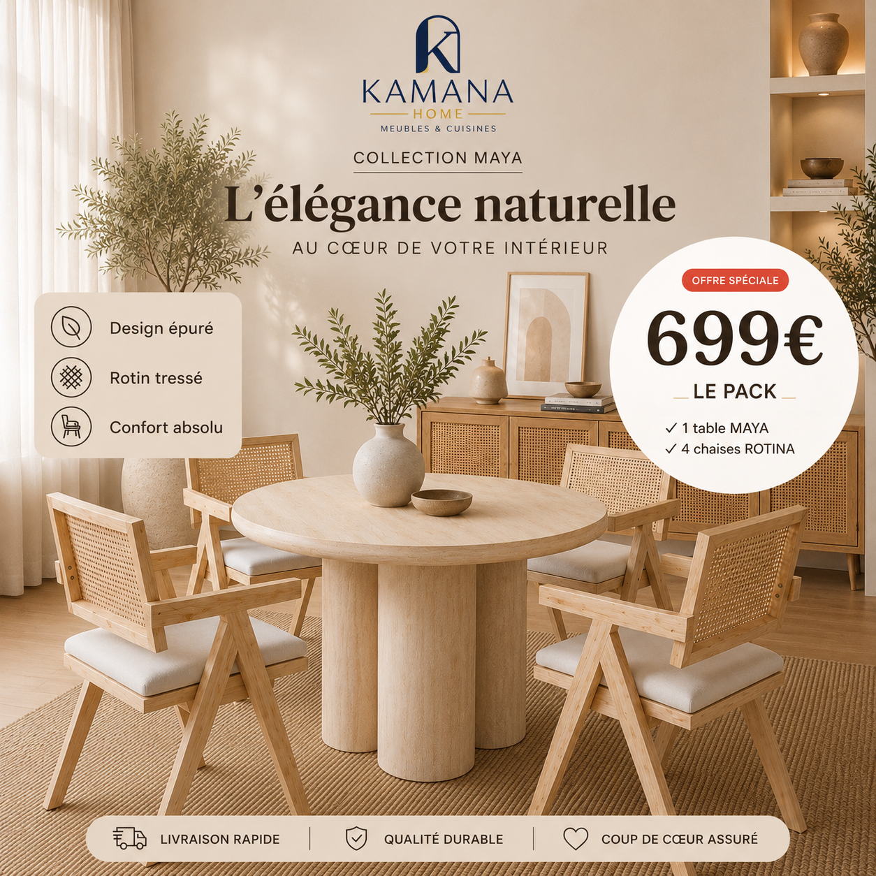 Pack Salle à Manger MAYA – Table ronde Ø110 cm + 4 chaises ROTINA