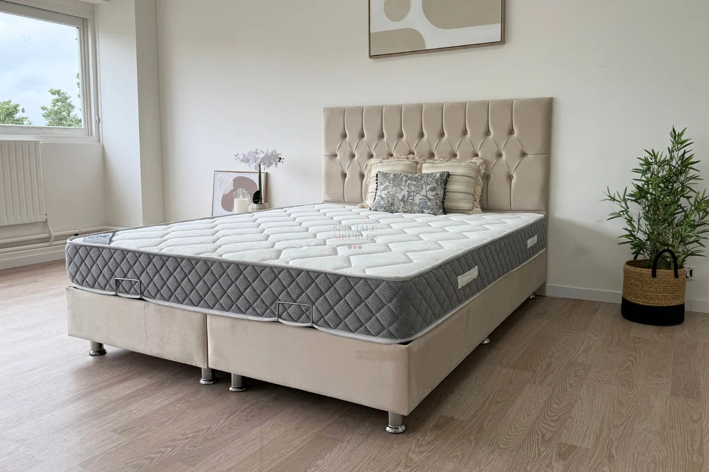 Lit Coffre HUGO BEIGE - Velours