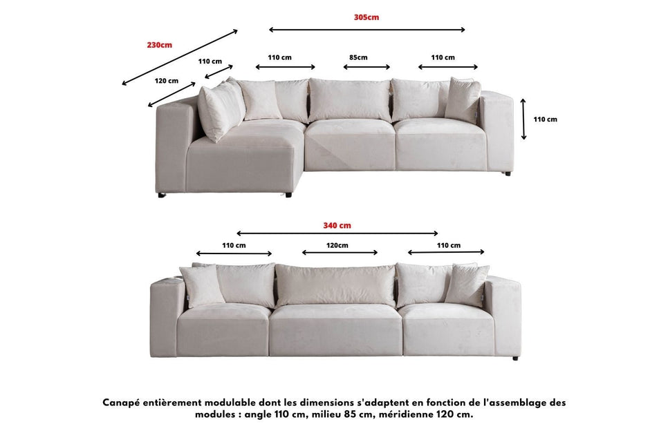 Canapé AZRA modulable velours blanc cassé