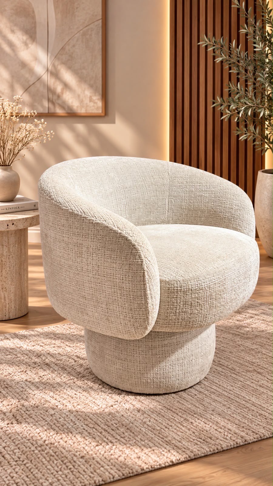 Fauteuil NESTOR beige en tissu Marbella, design arrondi et assise confortable