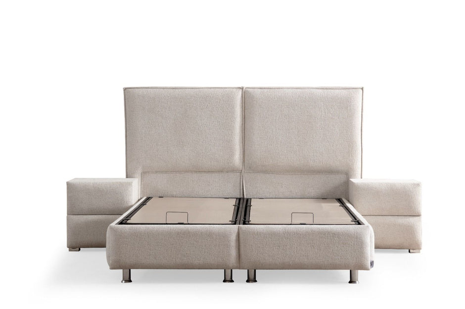 Lit double coffre 2 places en chenille avec tête de lit – MAYA Blanc cassé