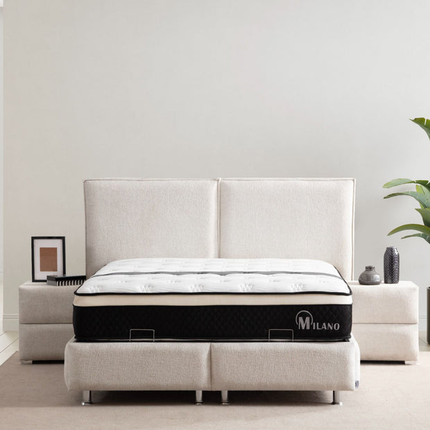 Lit double coffre 2 places en chenille avec tête de lit – MAYA Blanc cassé