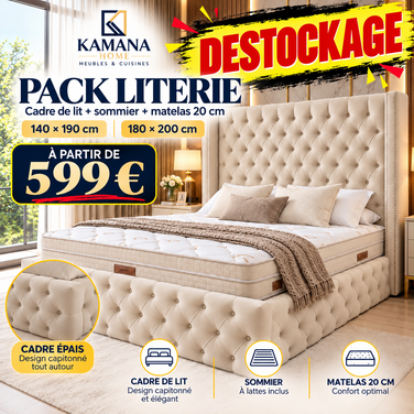 DESTOCKAGE Cadre de lit CLOUTÉ Beige + sommier + matelas 20cm
