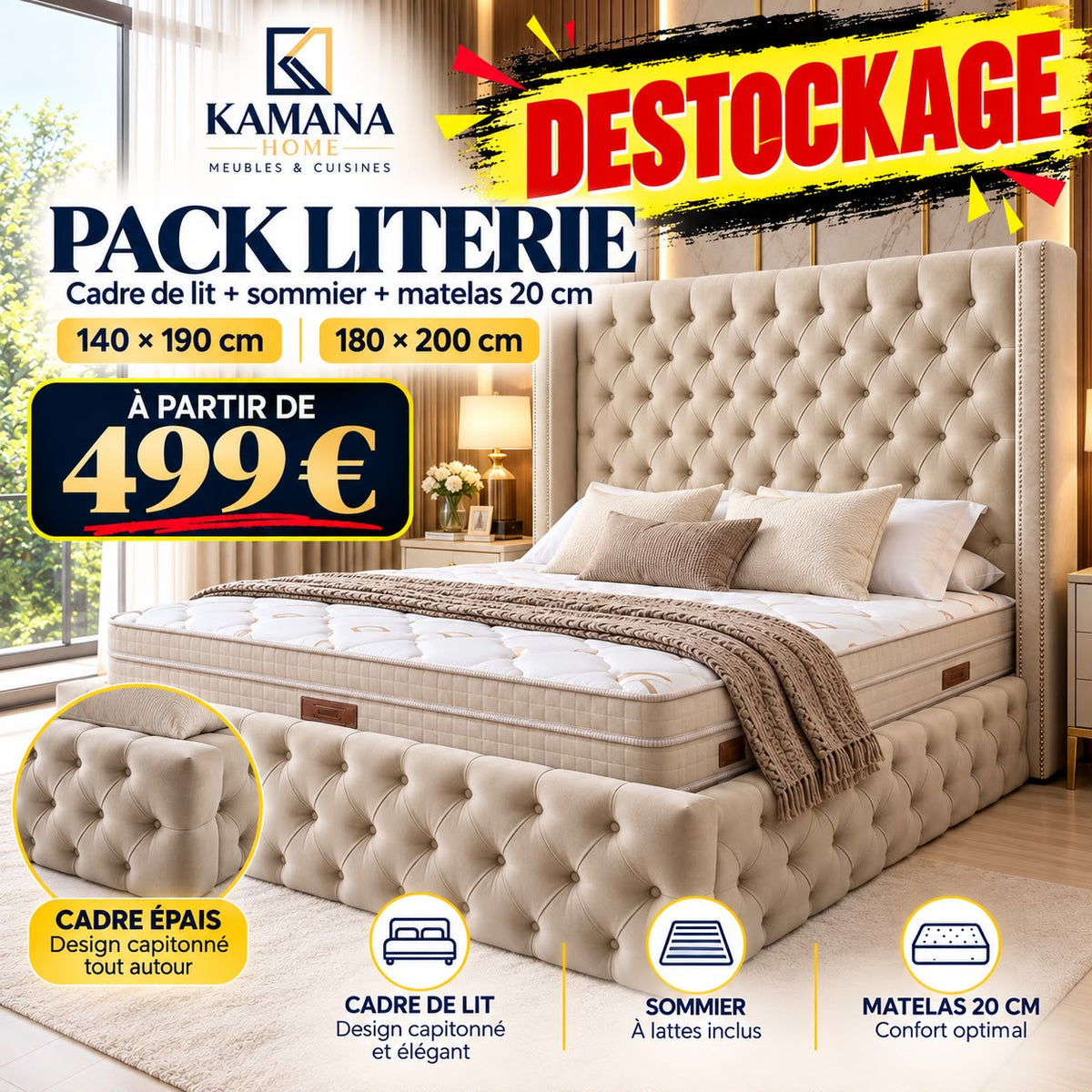 DESTOCKAGE Cadre de lit CLOUTÉ Beige + sommier + matelas 20cm