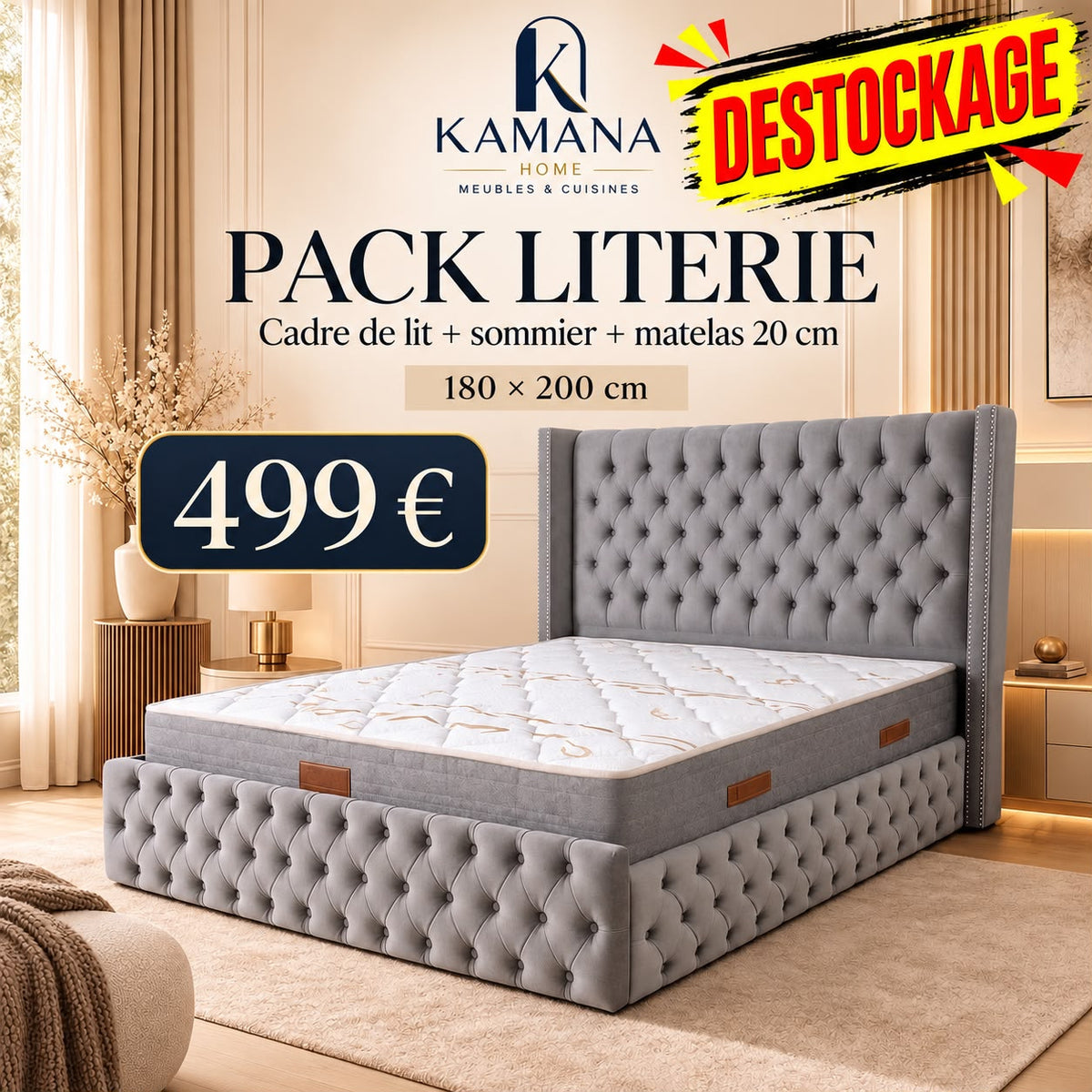 DESTOCKAGE Cadre de lit CLOUTÉ Gris + sommier + matelas 20cm