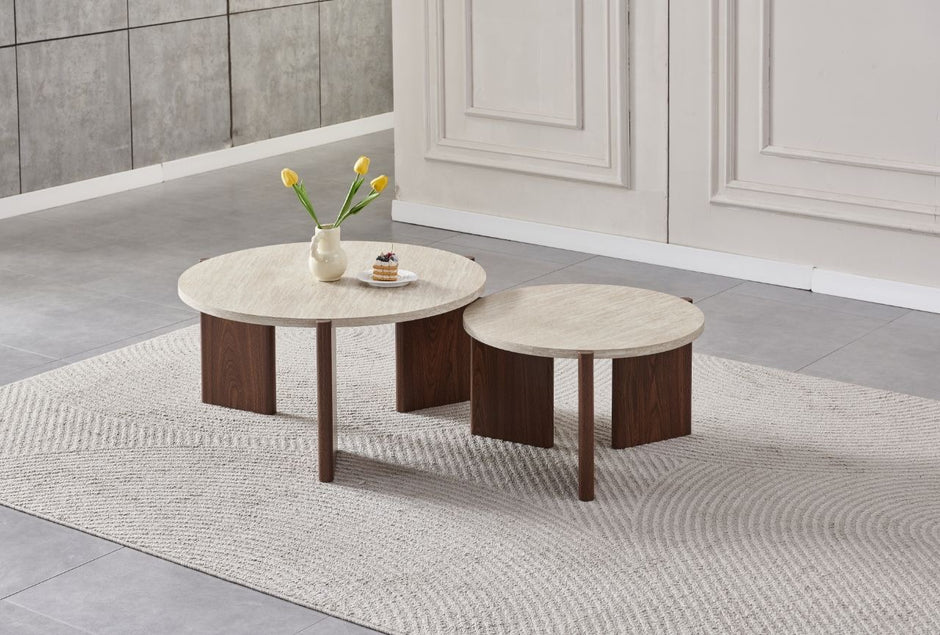 Table basse double ZORA Noyer/Travertin