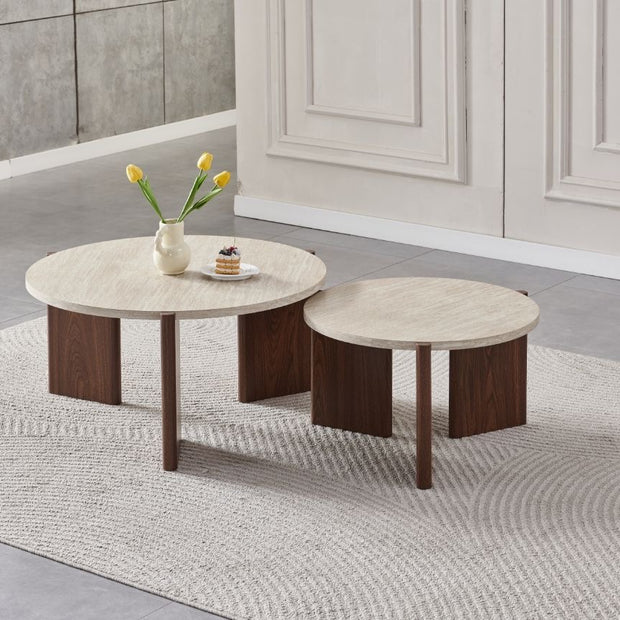 Table basse double ZORA Noyer/Travertin