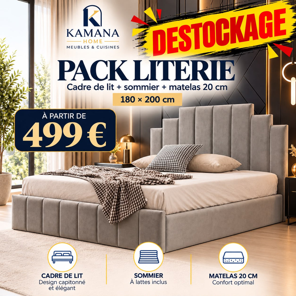 DESTOCKAGE Cadre de lit NATURA Gris + sommier + matelas 20cm
