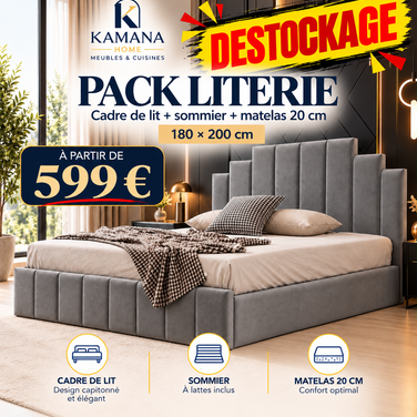 DESTOCKAGE Cadre de lit NATURA Gris + sommier + matelas 20cm