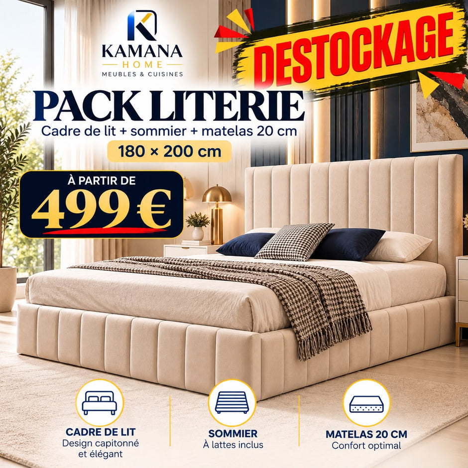 DESTOCKAGE Cadre de lit POLO Beige + sommier + matelas 20cm