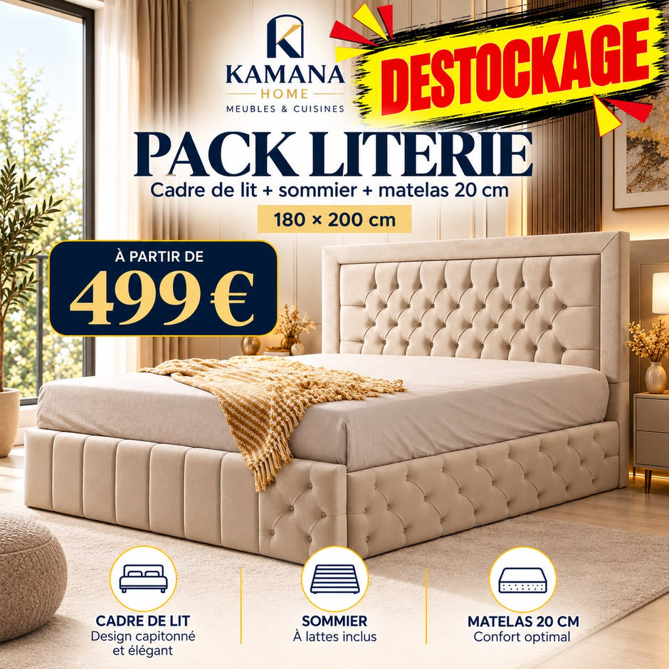 DESTOCKAGE Cadre de lit ROMA Beige + sommier + matelas 20cm