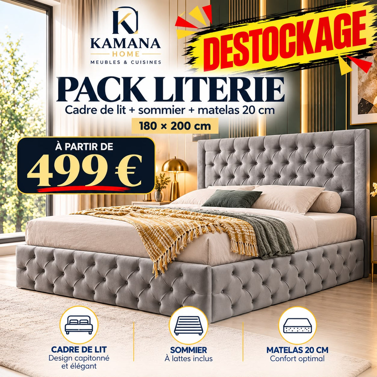 DESTOCKAGE Cadre de lit ROMA Gris + sommier + matelas 20cm