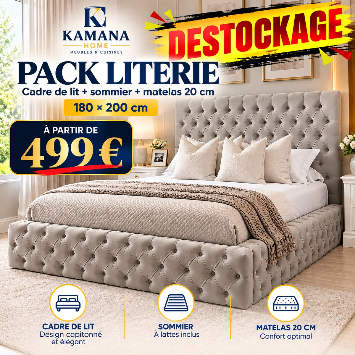 DESTOCKAGE Cadre de lit ROYAL Gris + sommier + matelas 20cm