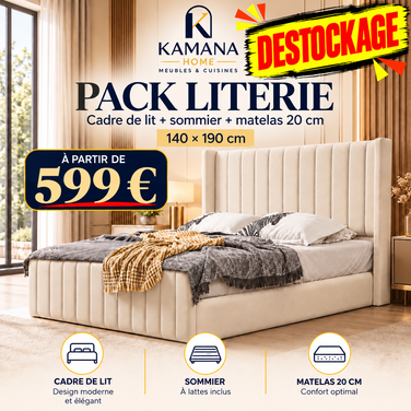 DESTOCKAGE Cadre de lit TOKYO Beige + sommier + matelas 20cm