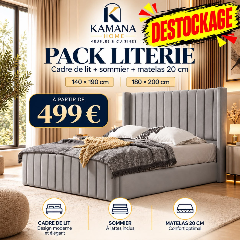 DESTOCKAGE Cadre de lit TOKYO Gris+ sommier + matelas 20cm