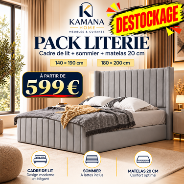 DESTOCKAGE Cadre de lit TOKYO Gris+ sommier + matelas 20cm