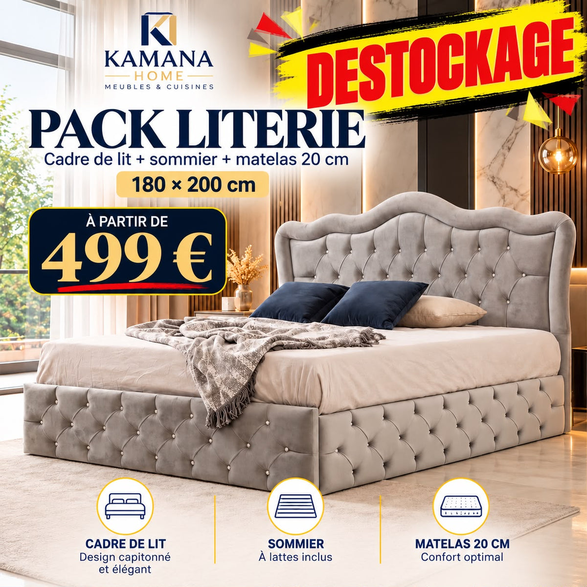 DESTOCKAGE Cadre de lit VENISE Gris + sommier + matelas 20cm