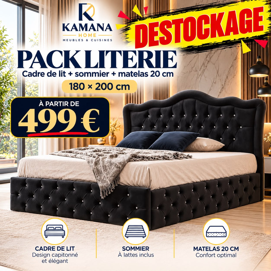 DESTOCKAGE Cadre de lit VENISE Noir + sommier + matelas 20cm