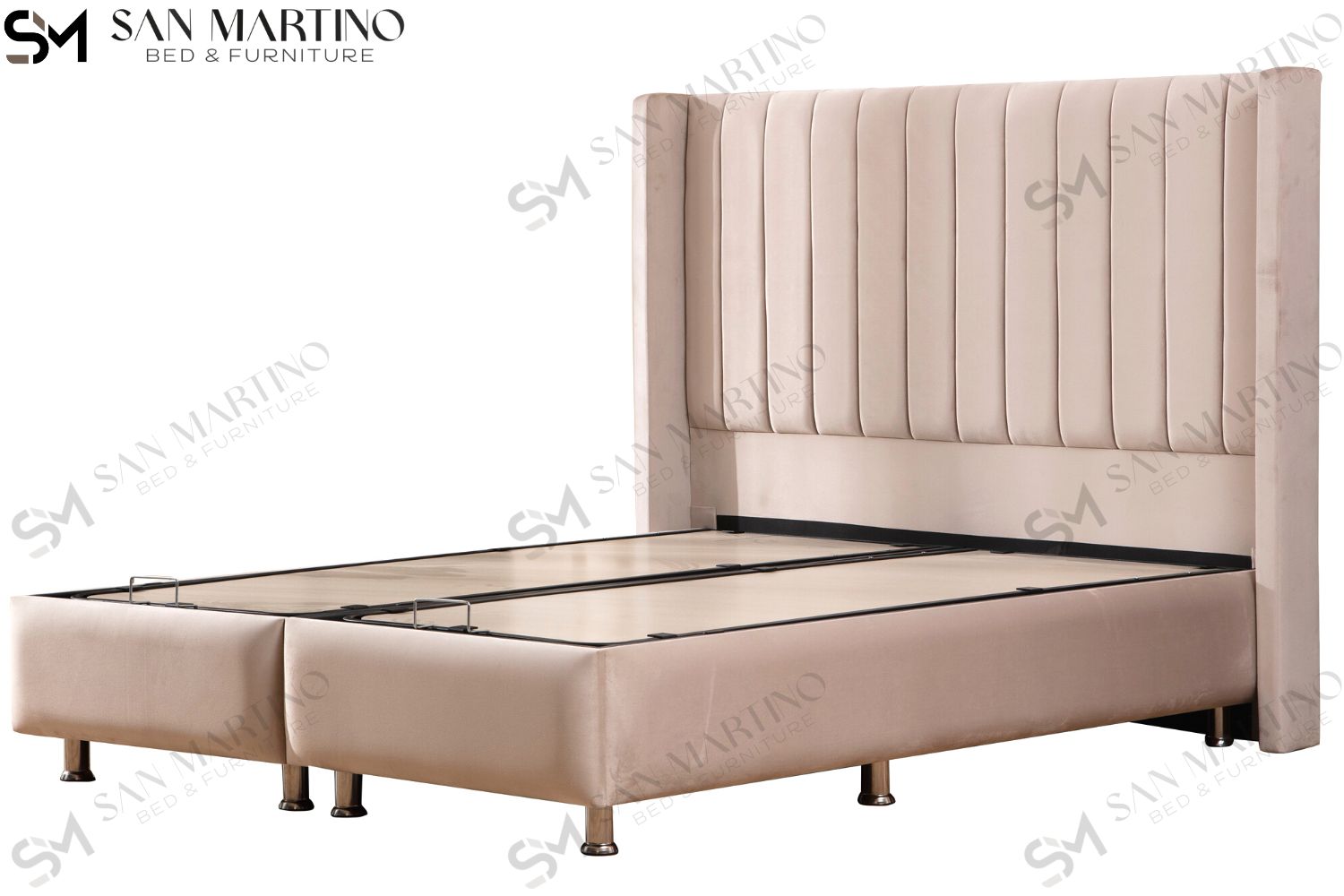 Lit double coffre 2 places en velours avec tête de lit – TOKYO BEIGE