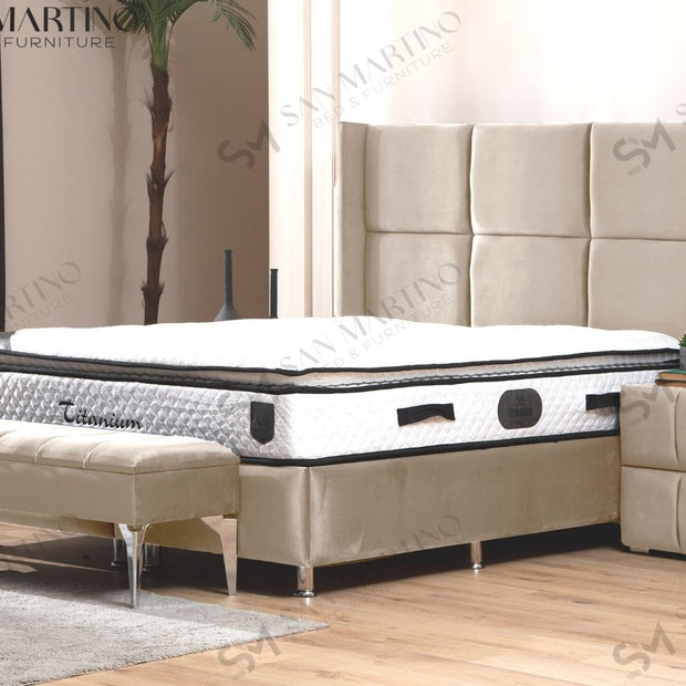 Lit double coffre 2 places en velours avec tête de lit – RIO BEIGE