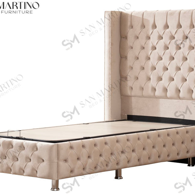 Lit coffre capitonné 1 place en velours avec tête de lit pour enfant – Clouté Beige