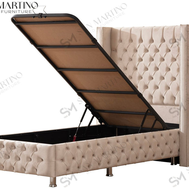 Lit coffre capitonné 1 place en velours avec tête de lit pour enfant – Clouté Beige