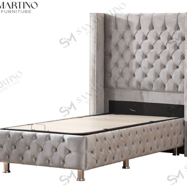 Lit coffre capitonné 1 place en velours avec tête de lit pour enfant – Clouté Gris