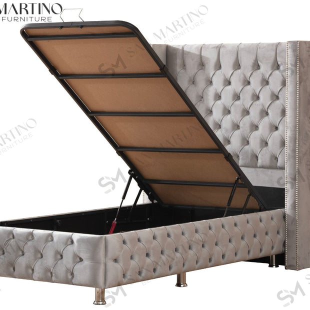 Lit coffre capitonné 1 place en velours avec tête de lit pour enfant – Clouté Gris
