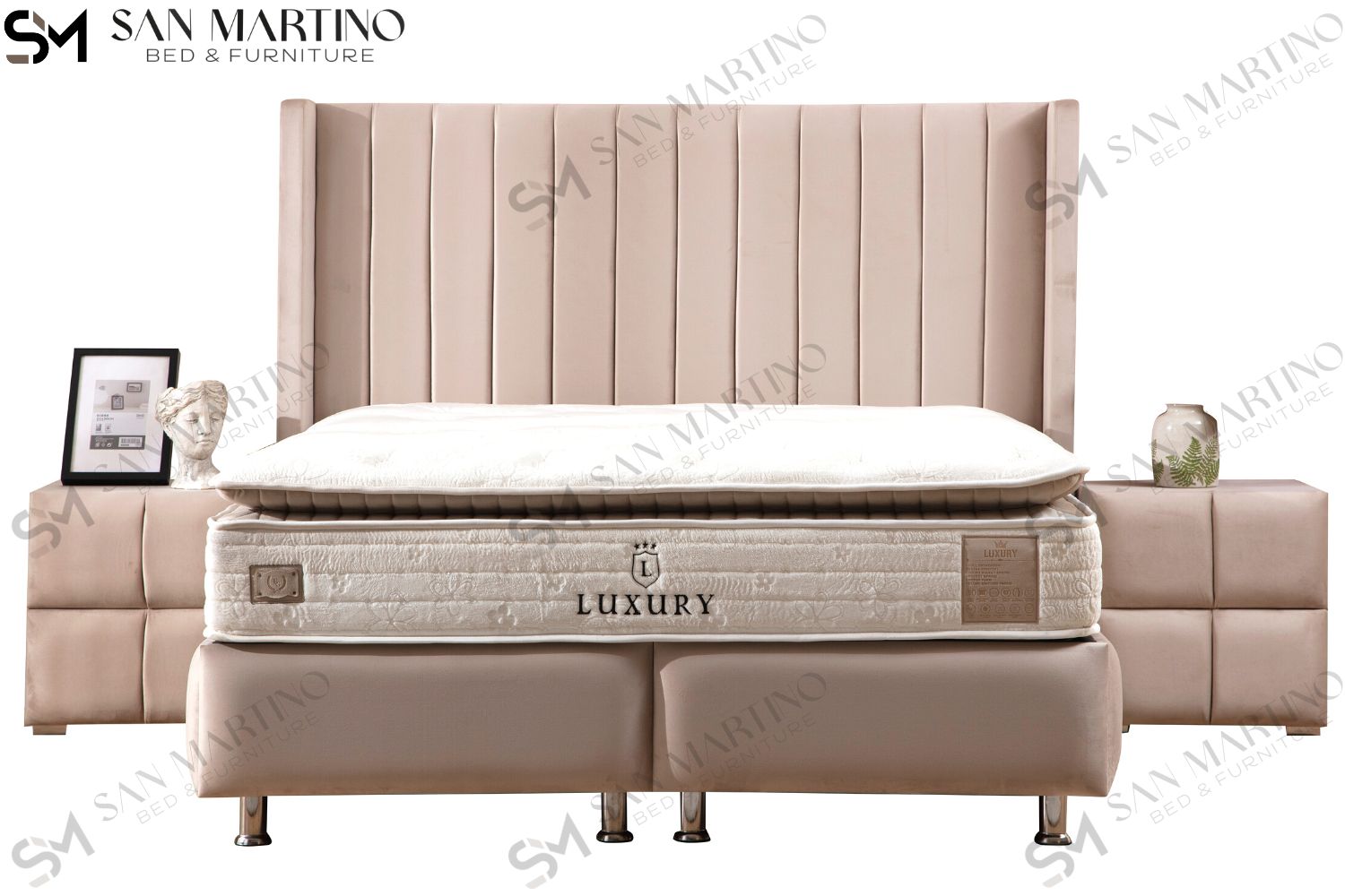 Lit double coffre 2 places en velours avec tête de lit – TOKYO BEIGE