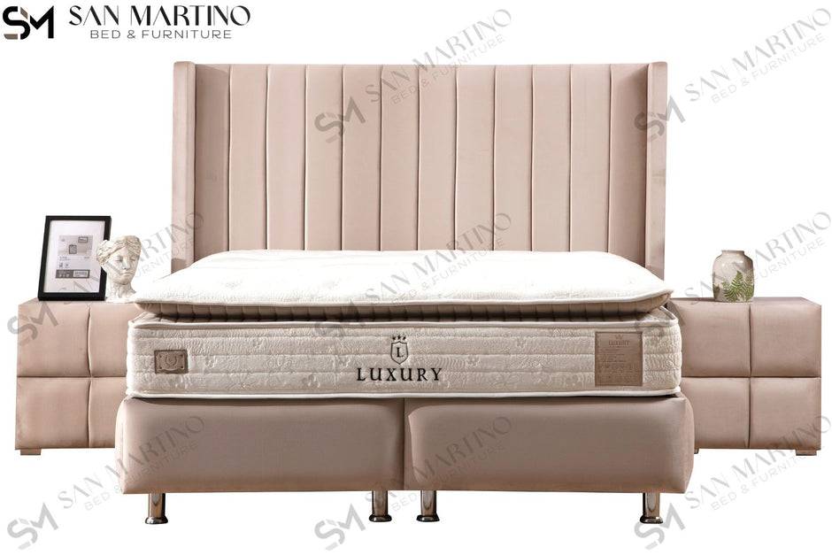 Lit double coffre 2 places en velours avec tête de lit – TOKYO BEIGE