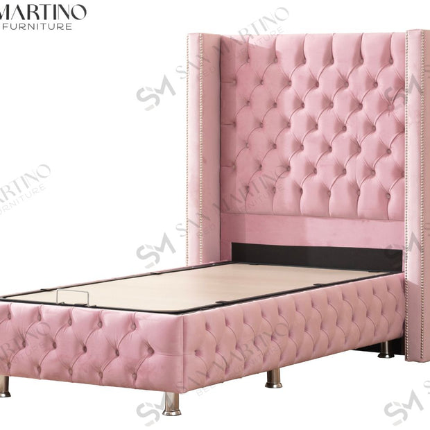 Lit coffre capitonné 1 place en velours avec tête de lit pour enfant – Clouté Rose