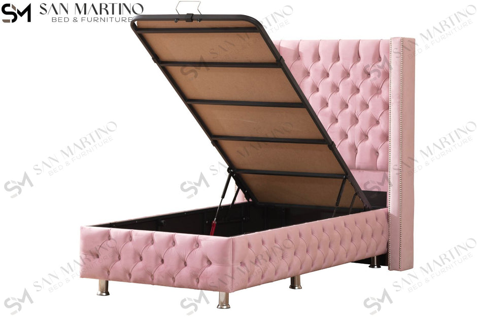 Lit coffre capitonné 1 place en velours avec tête de lit pour enfant – Clouté Rose
