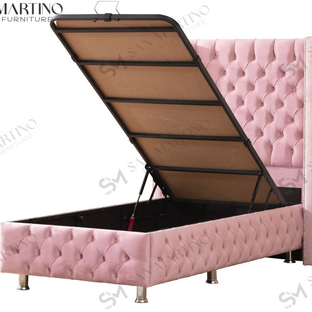 Lit coffre capitonné 1 place en velours avec tête de lit pour enfant – Clouté Rose