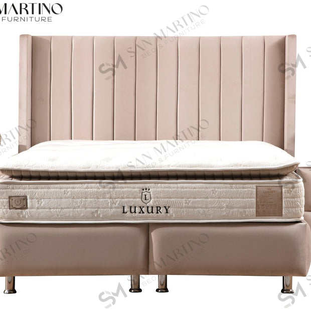 Lit double coffre 2 places en velours avec tête de lit – TOKYO BEIGE