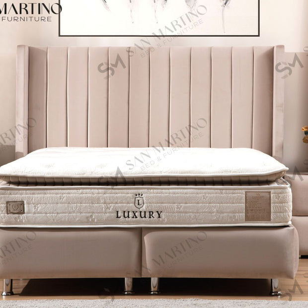 Lit double coffre 2 places en velours avec tête de lit – TOKYO BEIGE