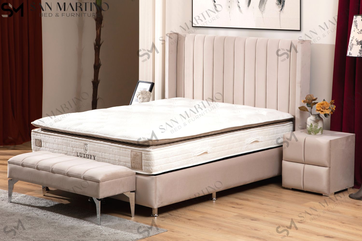 Lit double coffre 2 places en velours avec tête de lit – TOKYO BEIGE