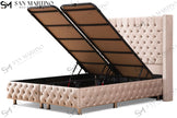 Lit double coffre capitonne 2 places en velours avec tête de lit - CLOUTE BEIGE